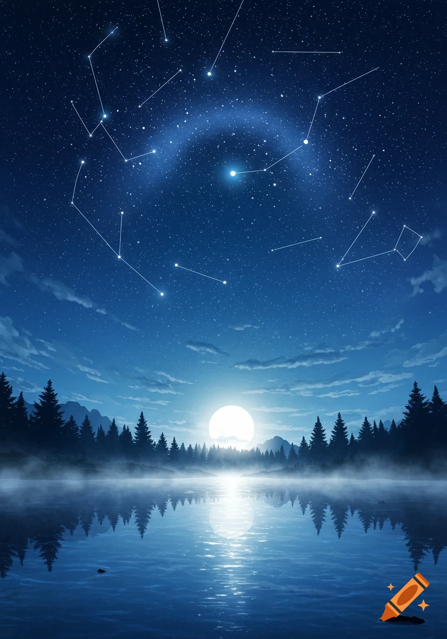 A full moon reflects on a misty lake surrounded by a pine forest under a starry night sky with constellations.