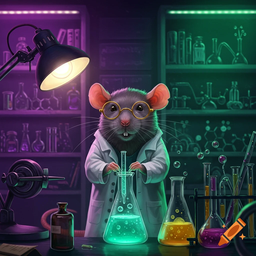 A clever rat in a lab coat and glasses mixes glowing liquids in a beaker in a dimly lit science laboratory.