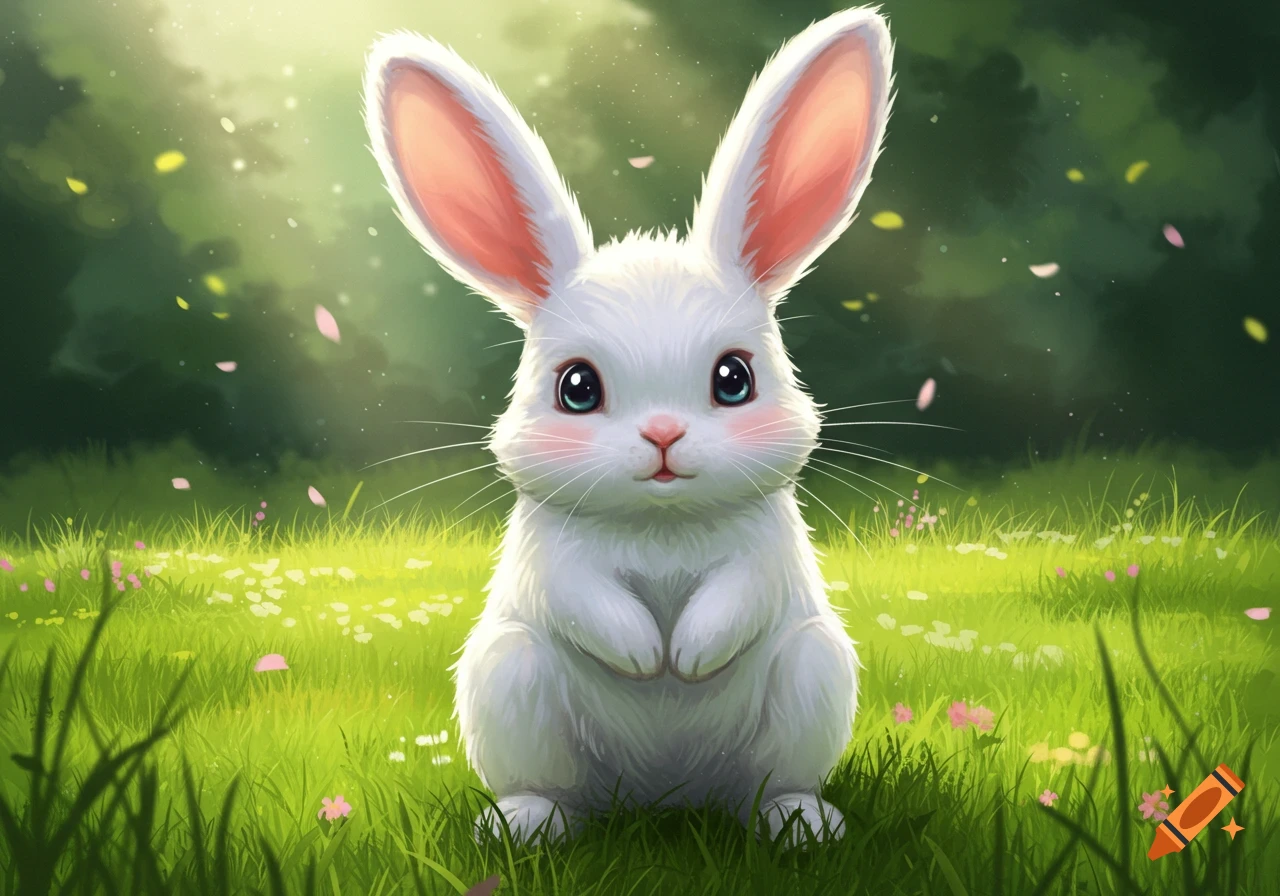 A cute, fluffy white rabbit with big pink ears and large blue eyes sits in a vibrant green grassy field with small pink flowers.