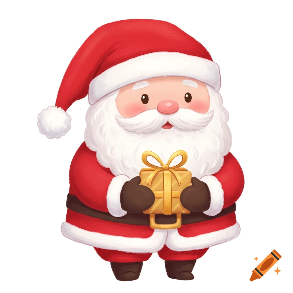 Cute cartoon Santa Claus in a red suit and hat, holding a golden present with a bow, on a white background.