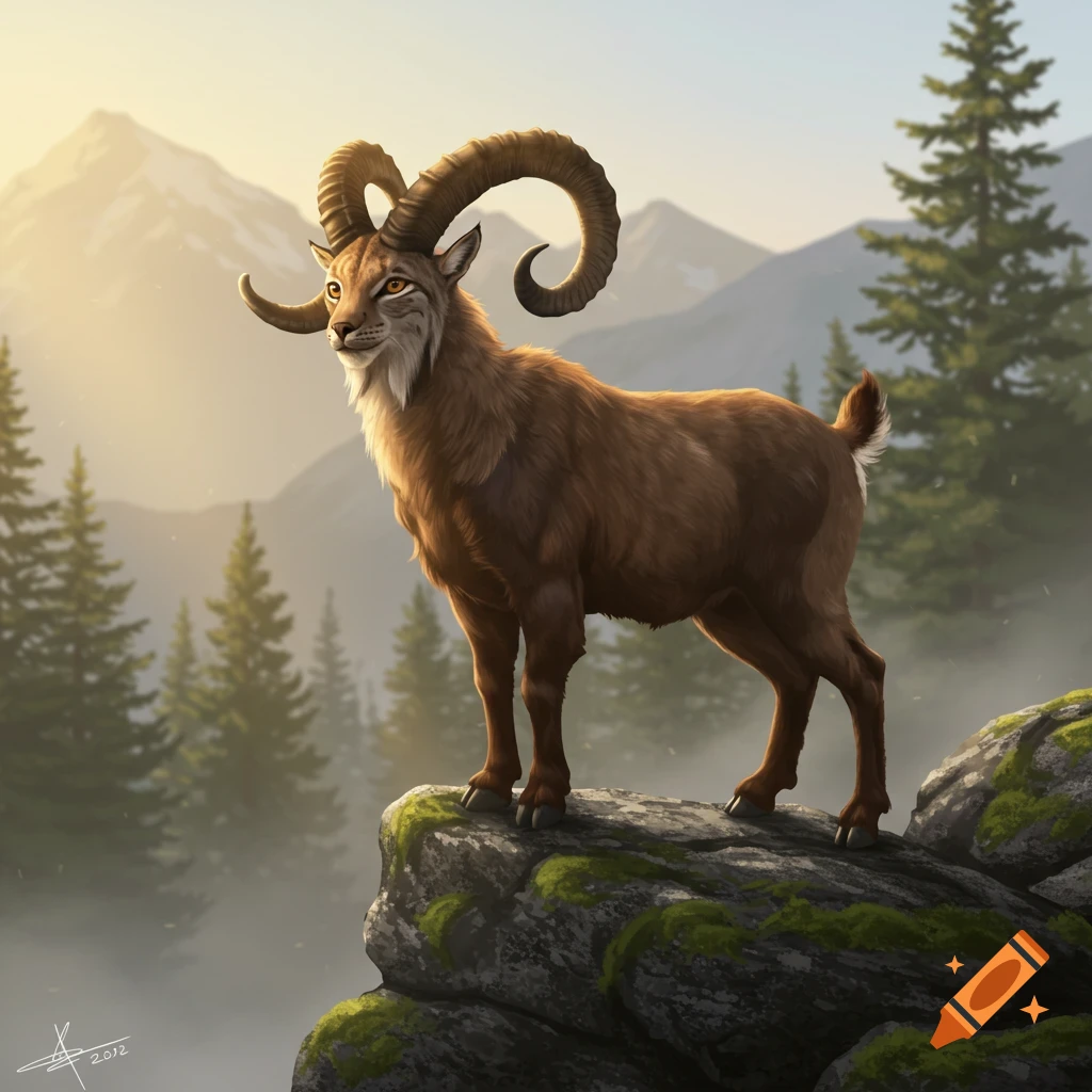 A majestic lynx-goat hybrid with large curved horns stands on a mossy rock in a sunlit mountain landscape with pine trees.