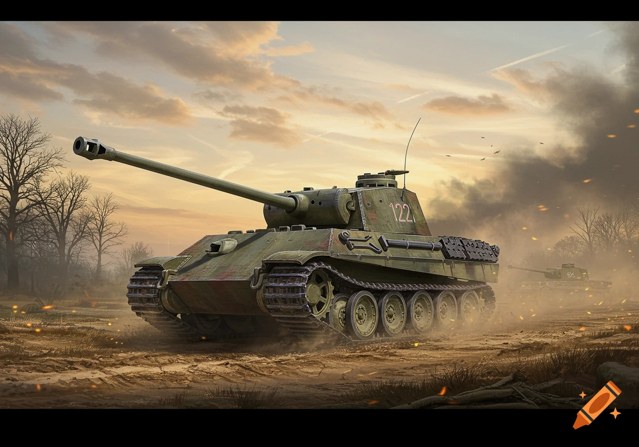 A detailed illustration of a green Panther tank on a dusty battlefield at sunset, with another tank in the distance.