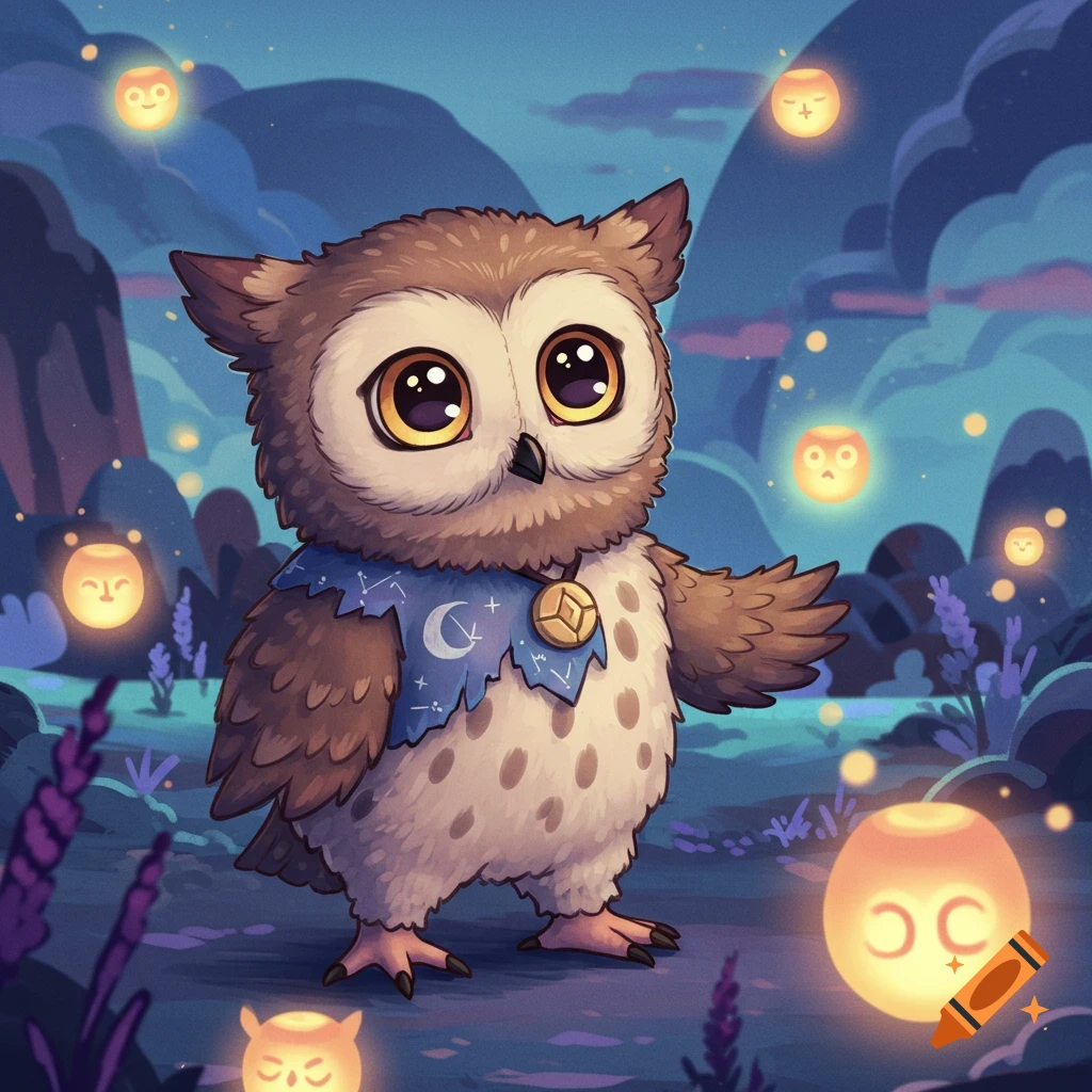 A cute, stylized brown and white baby owl with large eyes wears a blue collar with a crescent moon in a magical night forest with glowing orbs.
