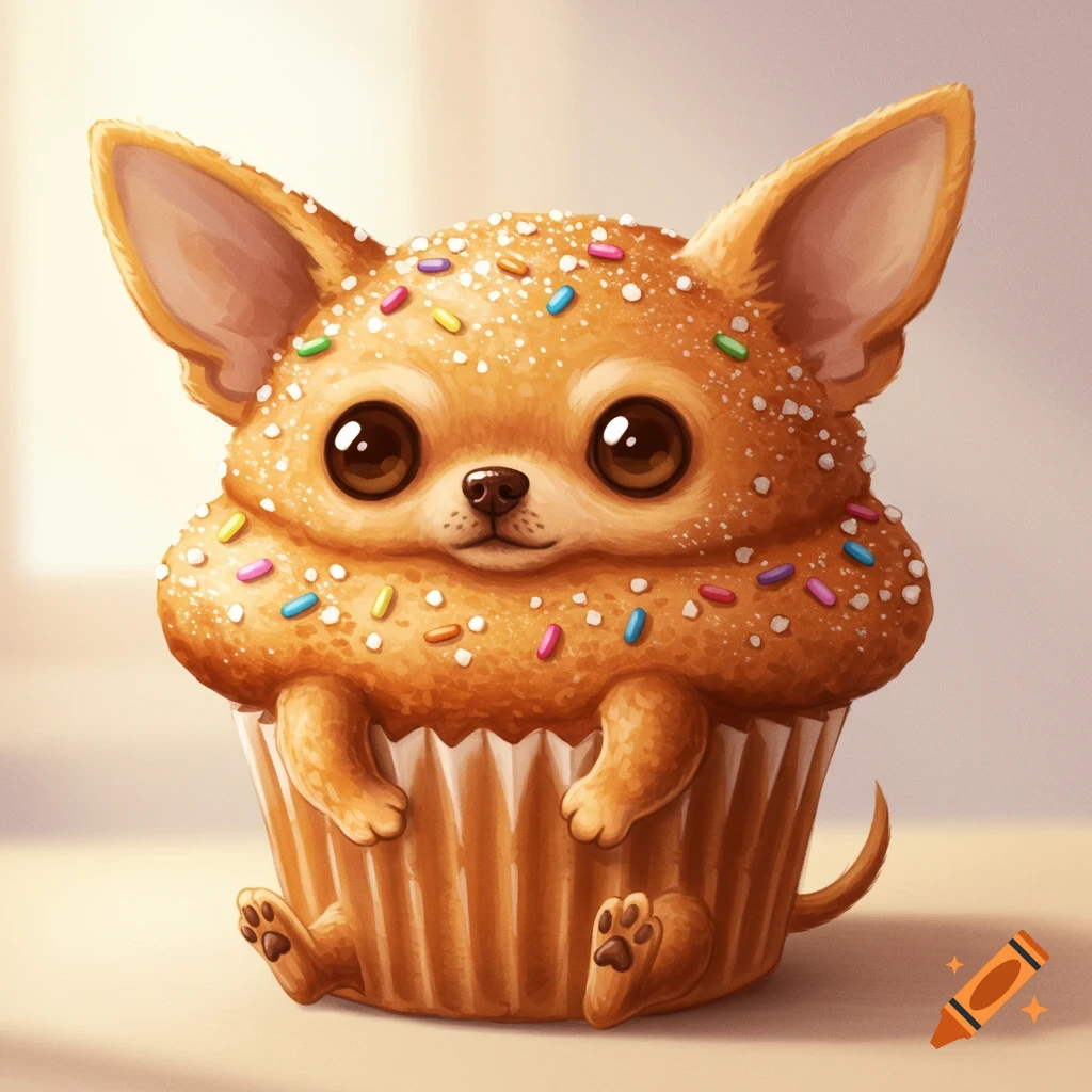 Cute cartoon chihuahua shaped like a muffin with colorful sprinkles, sitting in a cupcake wrapper.