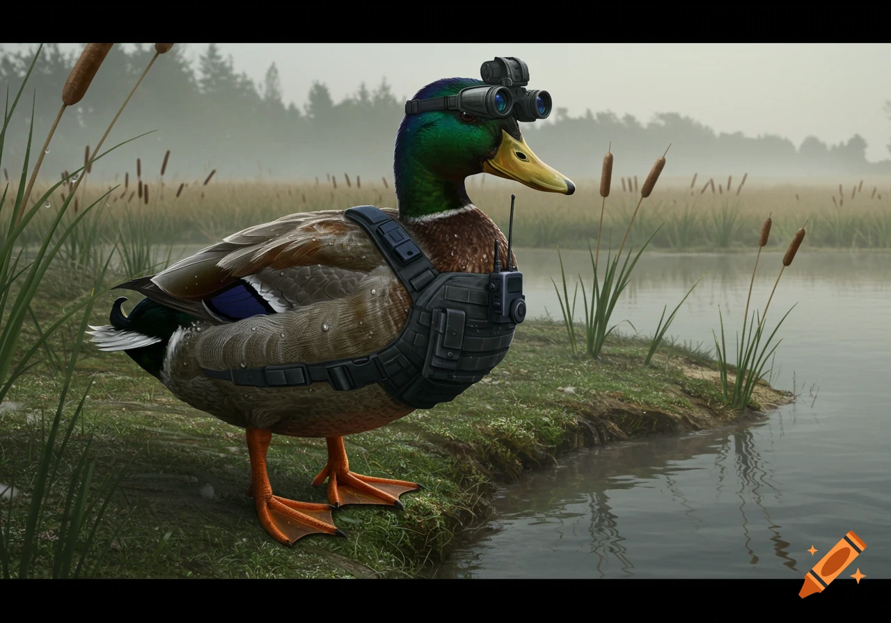 A mallard duck wearing night vision goggles and a tactical vest stands by a misty lake with cattails.