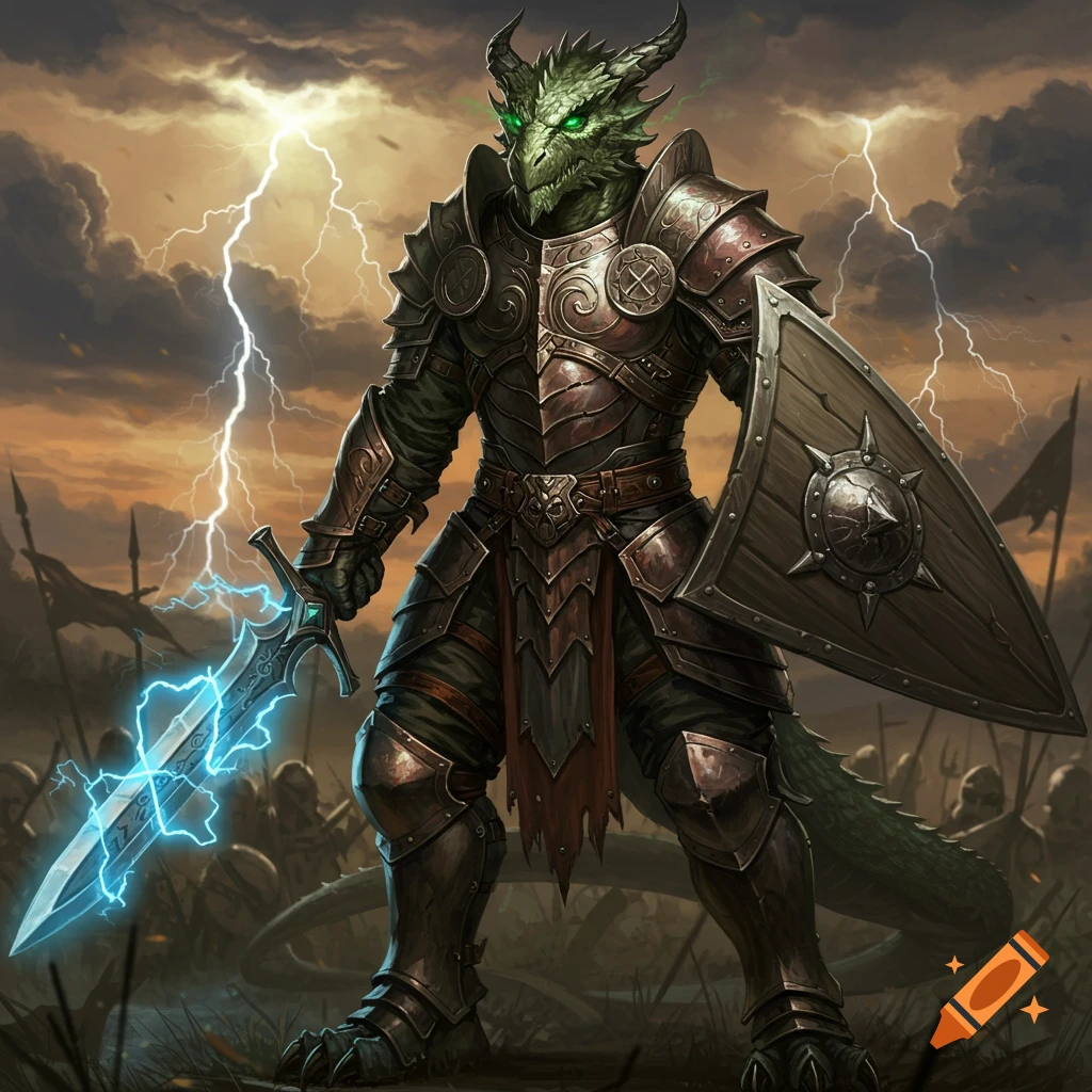 A green-skinned dragonborn warrior in ornate armor with glowing eyes holds a lightning sword and shield during a thunderstorm.