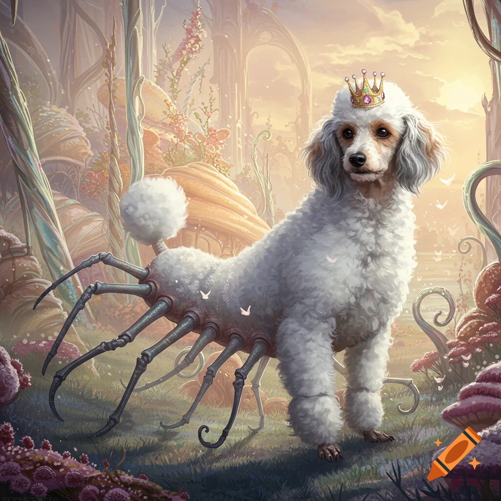 A white poodle-like creature with a golden crown and numerous dark, spider-like legs in a whimsical fantasy forest.