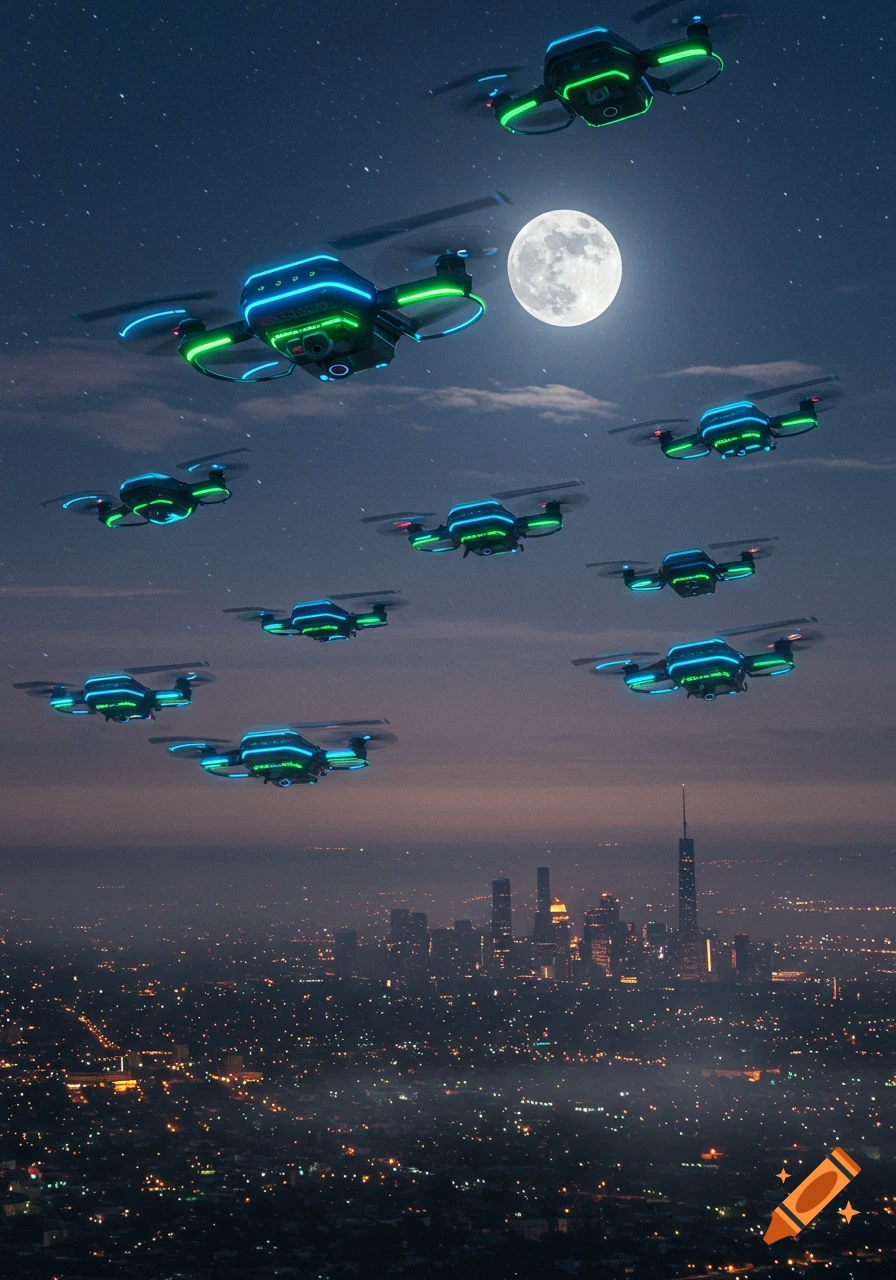 Numerous glowing drones fly over a sprawling city at night with a full moon and starry sky.
