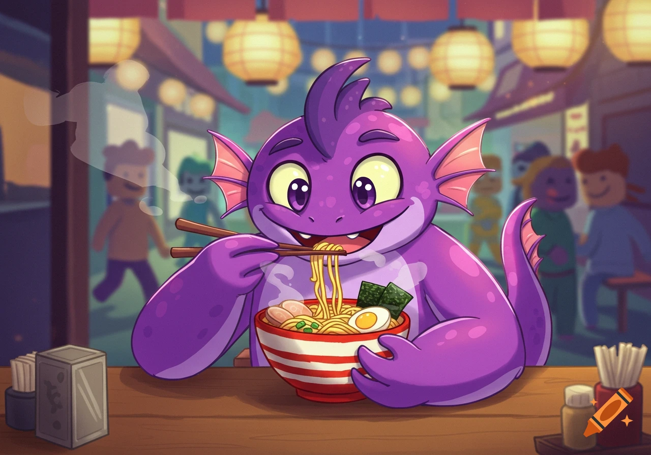 A cute purple cartoon monster with big eyes happily eats a bowl of ramen with chopsticks in a bustling Japanese restaurant.