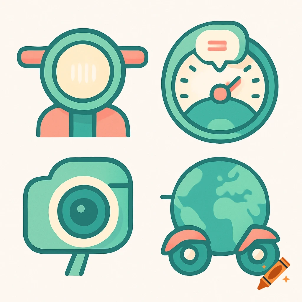 Four flat pastel vector art app icons on a cream background: a scooter headlight, a speedometer, a camera, and a globe on wheels.