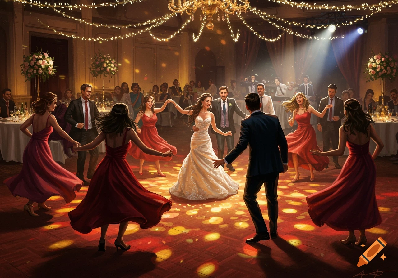 Drawing of a festive wedding reception with guests dancing around the bride and groom on a brightly lit dance floor.