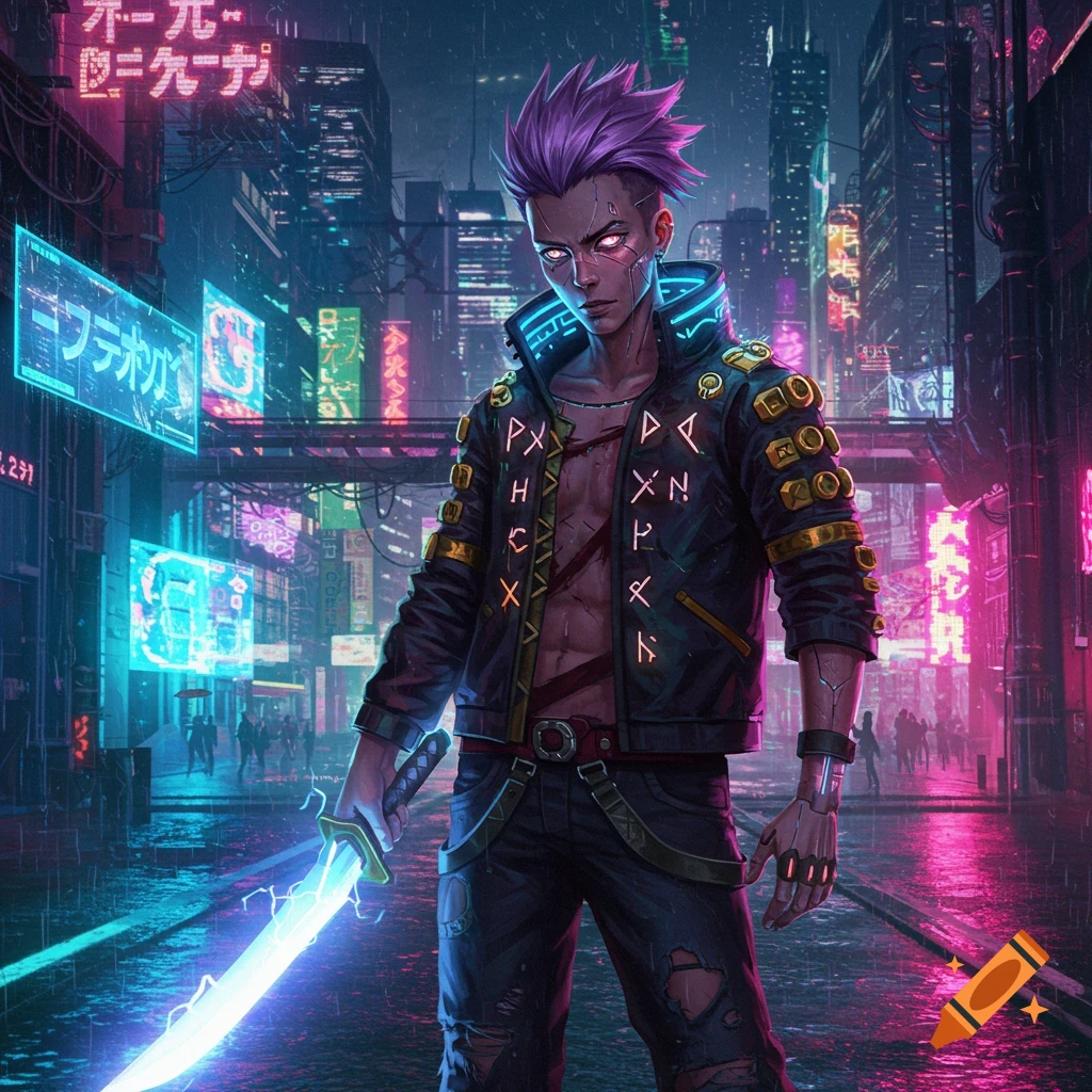 An anime cyberpunk warrior with lavender spiky hair, glowing eyes, black jacket with glowing symbols, holding an energy sword in a neon-lit city.