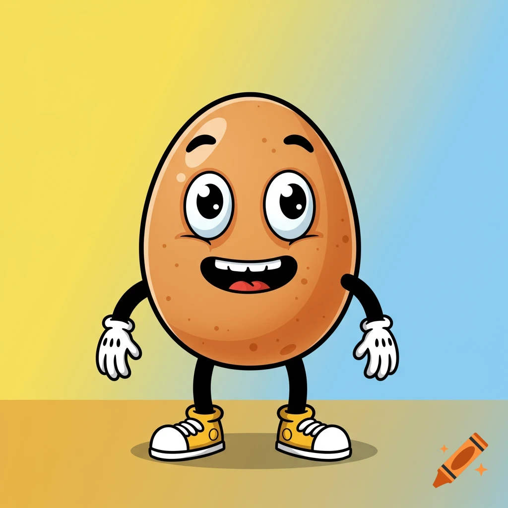 A happy cartoon egg with big eyes, arms, and legs, wearing yellow shoes, on a yellow and blue gradient background.