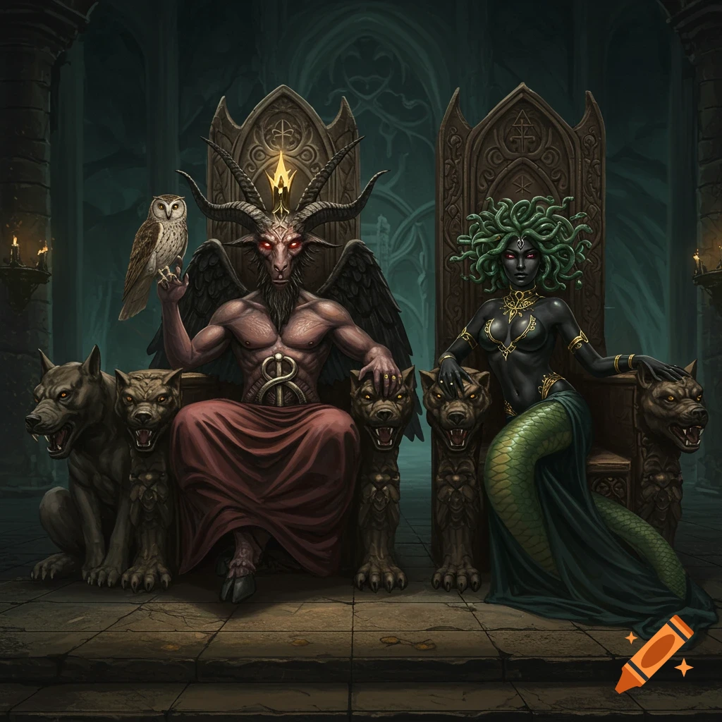 A horned, winged Baphomet and a bare-chested Medusa with snakes for hair sit on ornate thrones in a dark gothic hall, flanked by dog statues and an owl.