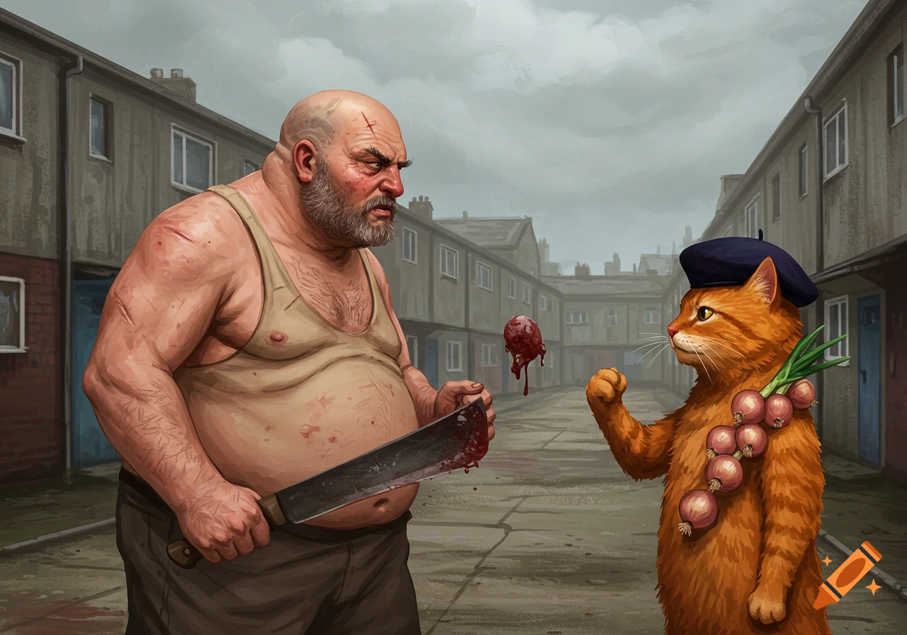 A bald, overweight man with a beard, scars, and a bloody machete faces an anthropomorphic ginger cat in a beret with onions, in a gritty urban illustration.