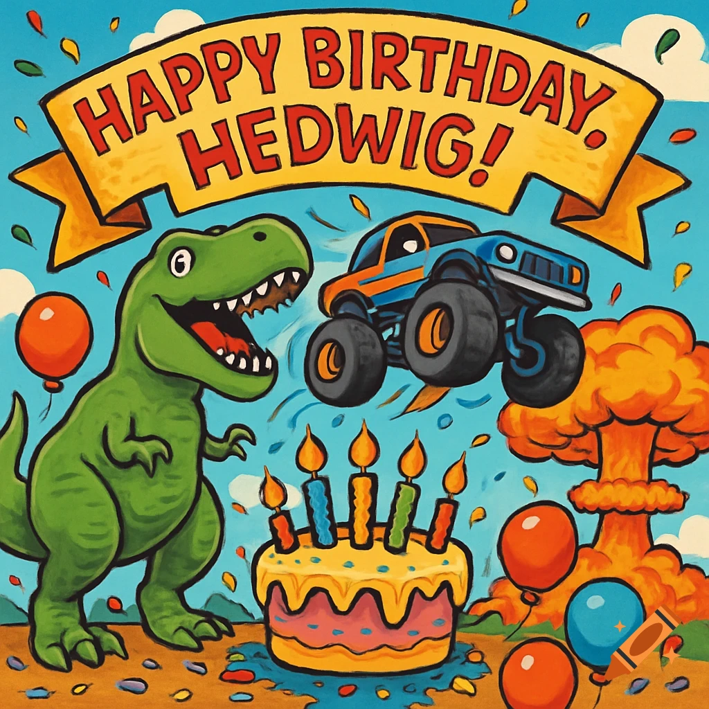 A vibrant cartoon birthday illustration with a green T-Rex, a monster truck, a cake, balloons, and a banner reading 'Happy Birthday, Hedwig!'