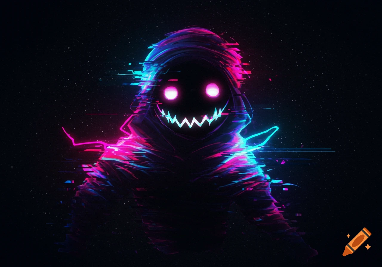 A dark, hooded glitchy figure with glowing pink eyes and a jagged cyan mouth on a starry background.