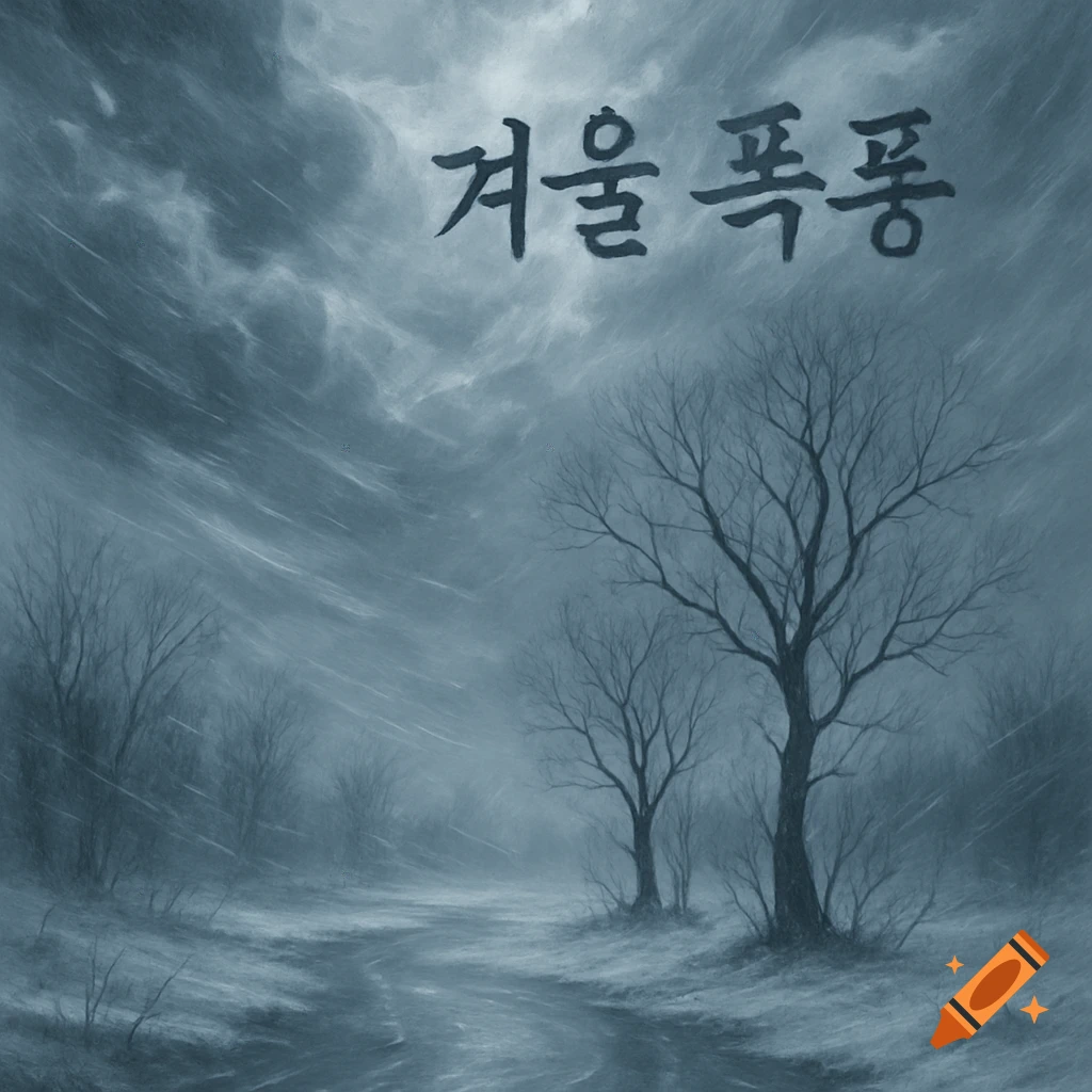 A moody painting of a snowy winter landscape with bare trees, a winding path, and a stormy sky with Korean text.