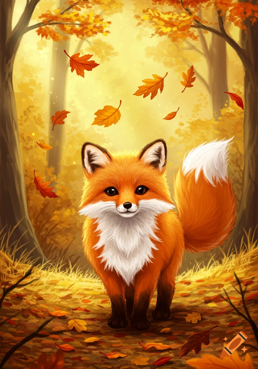 A cute, fluffy red fox with a white chest and tail tip stands in an autumn forest with falling orange leaves, illustrated.