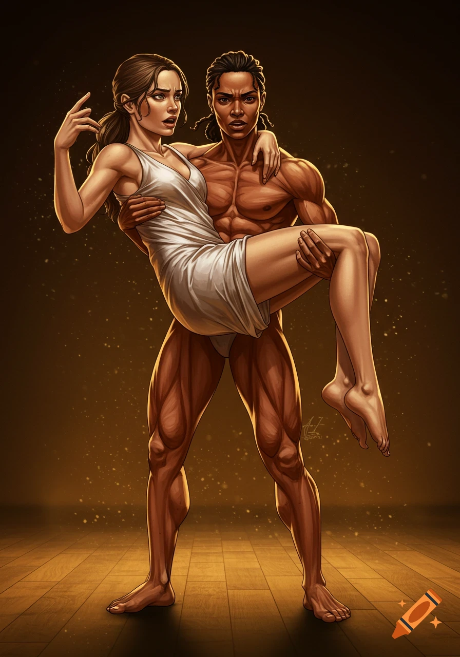 Stylized illustration of a muscular, shirtless person carrying a surprised woman in a white dress.