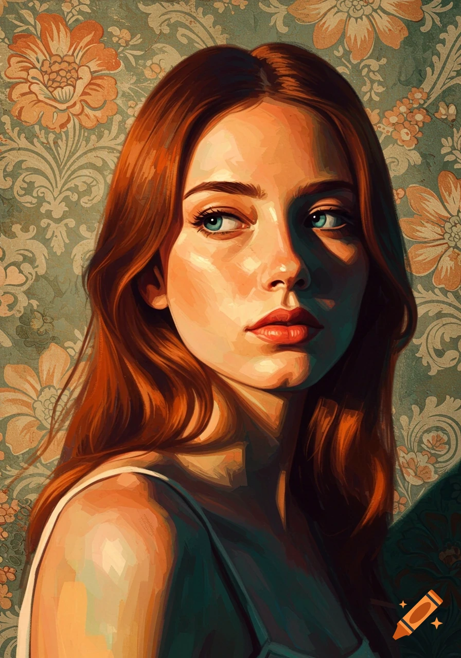 A fauvist expressionism portrait of a young woman with strong shadows against a vintage floral background.