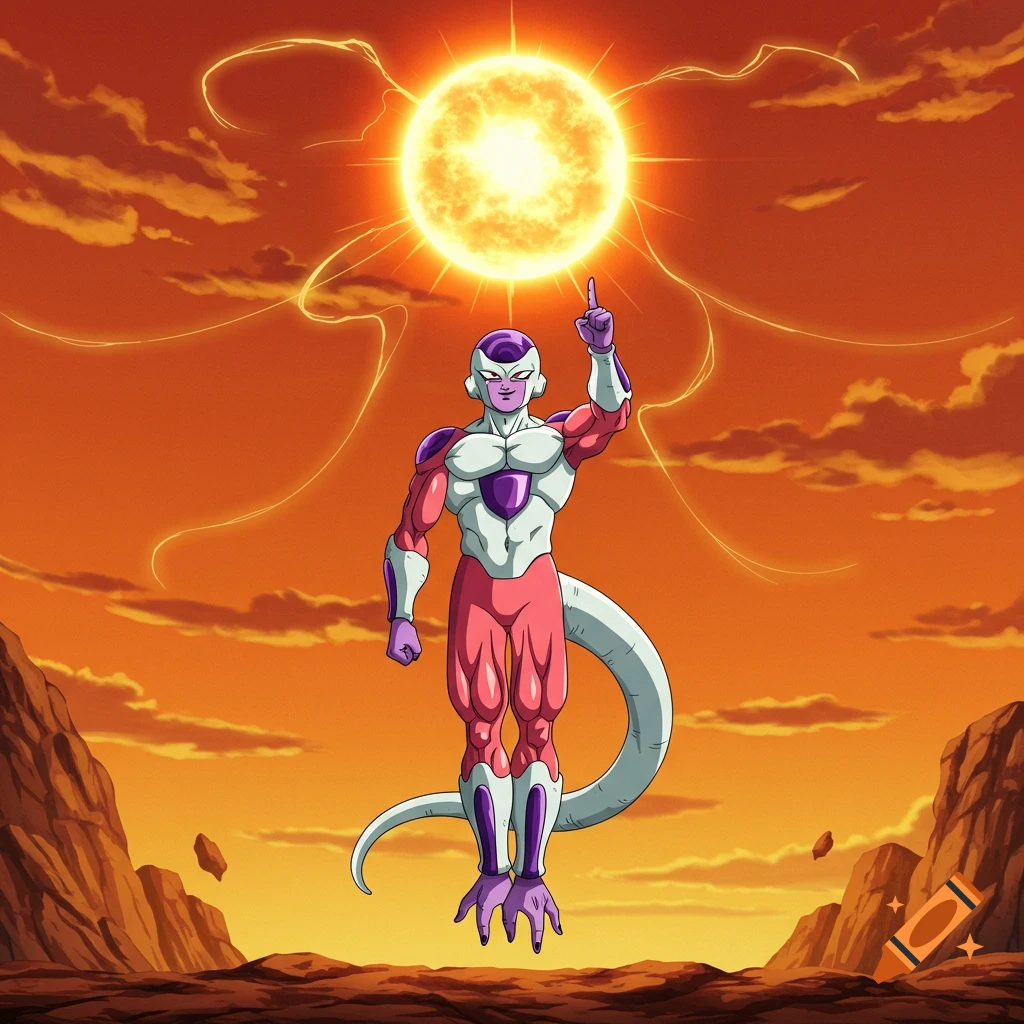 Final Form Frieza from Dragon Ball Z points up at a giant sun in an orange, cloudy sky, in a 1990s anime style.