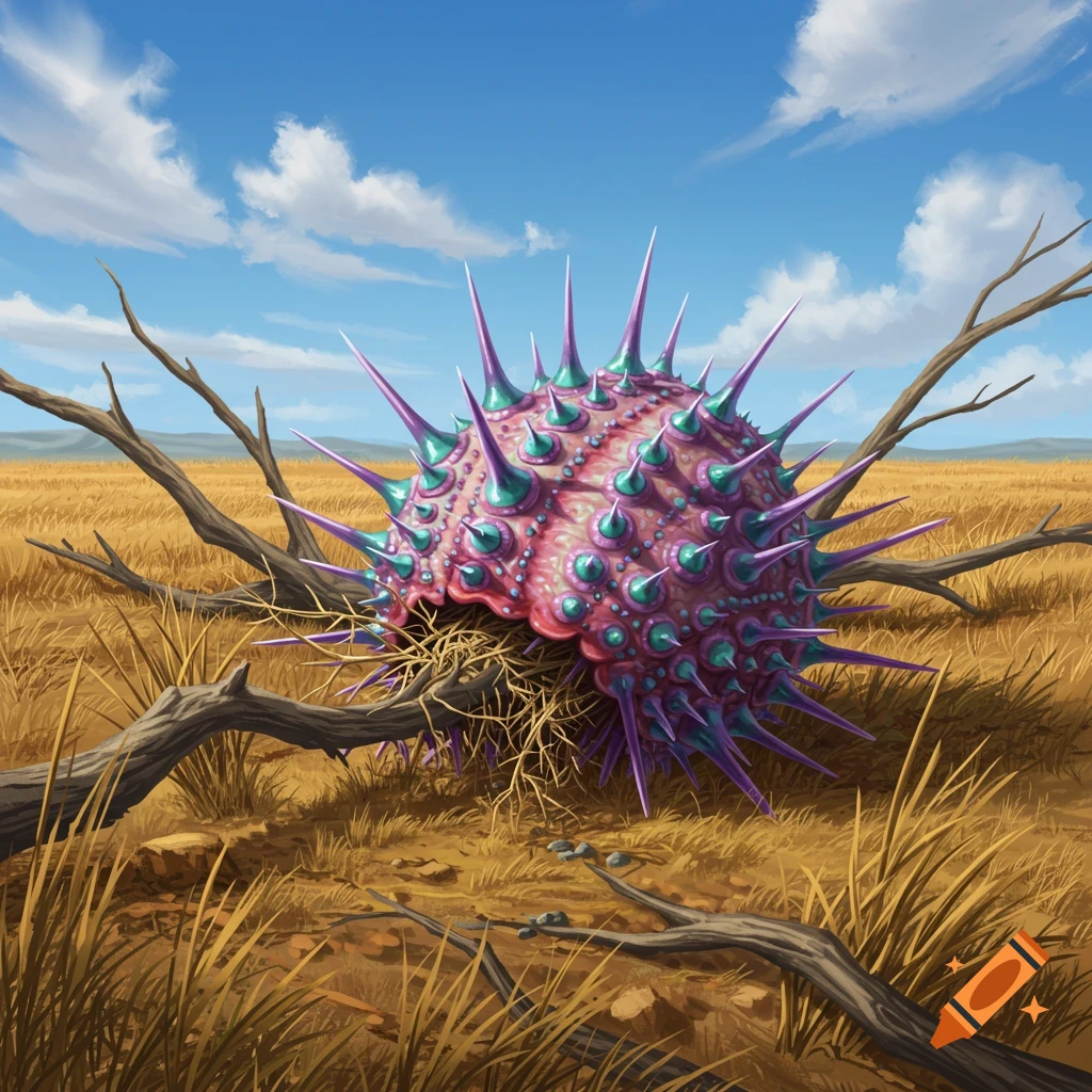 A vibrant pink and purple spiky, alien-like creature resembling a sea urchin sits in dry golden grass with sparse branches under a blue sky.