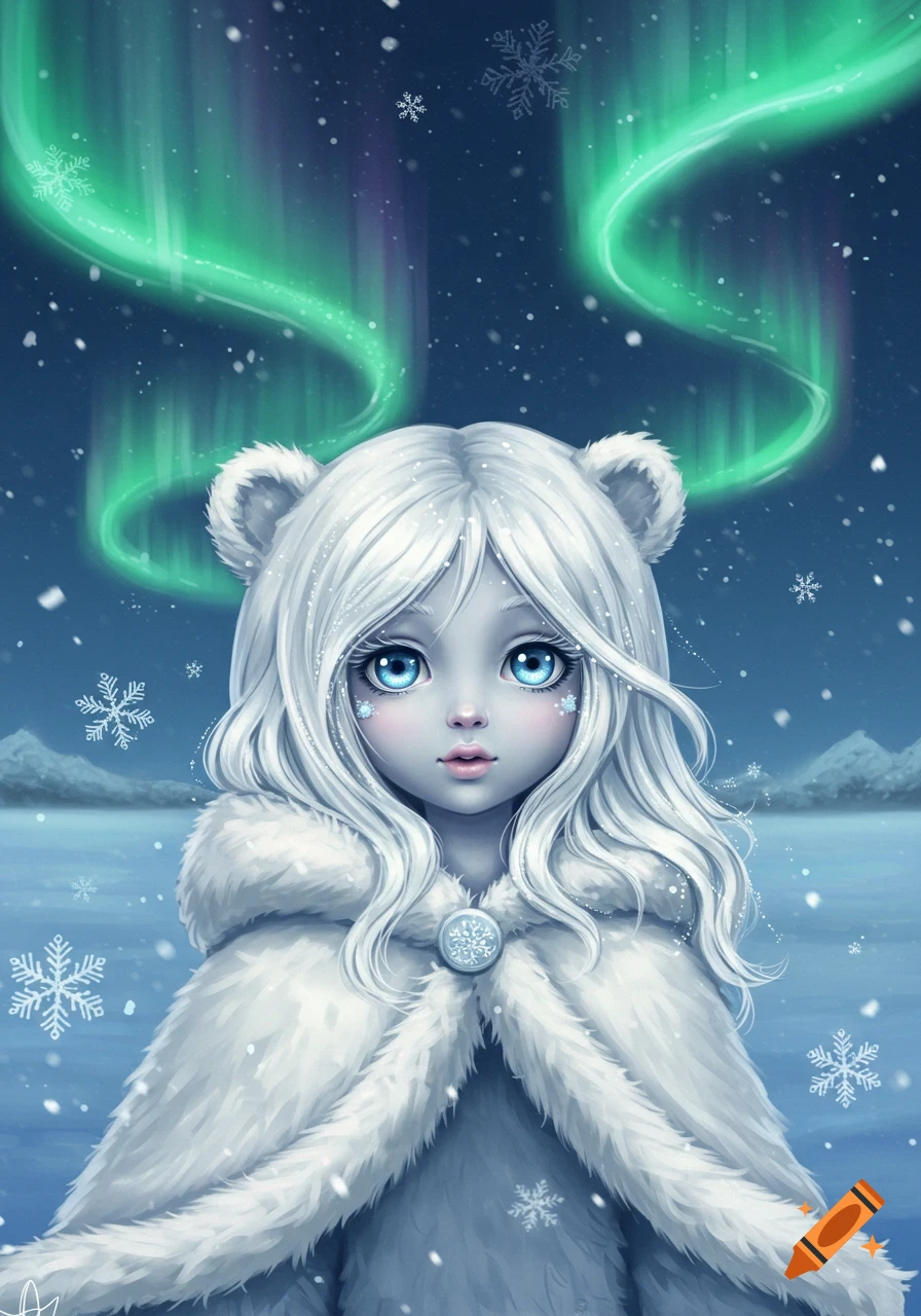 Stylized illustration of a cute polar bear girl in a white fur cape under green aurora borealis and falling snow.