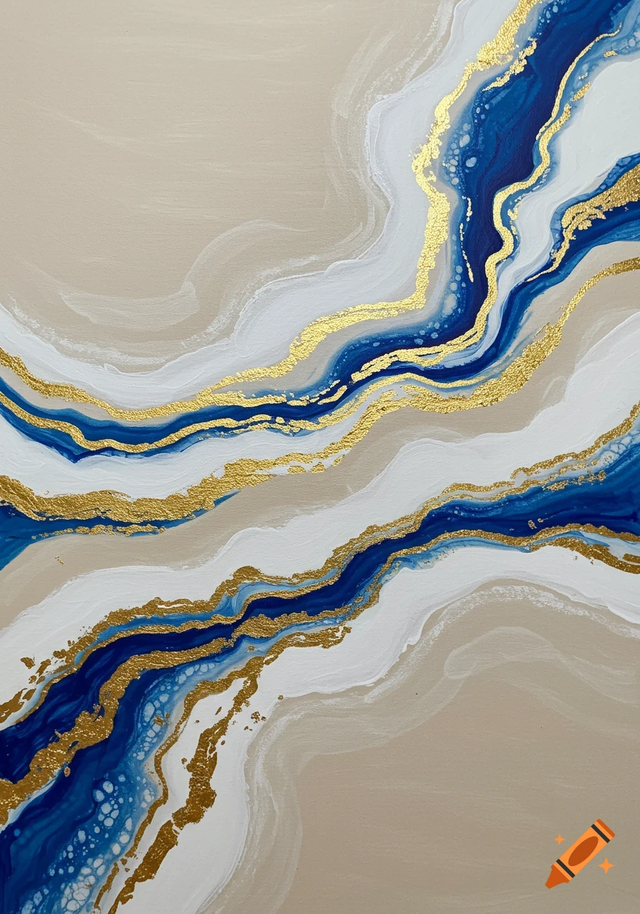 Abstract painting with flowing wavy lines of royal blue, white, and beige, accented with sparkling gold leaf.