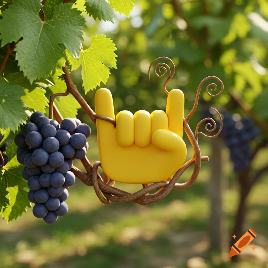 A yellow 'rock on' hand emoji nestled in grapevines with clusters of dark grapes in a vineyard.