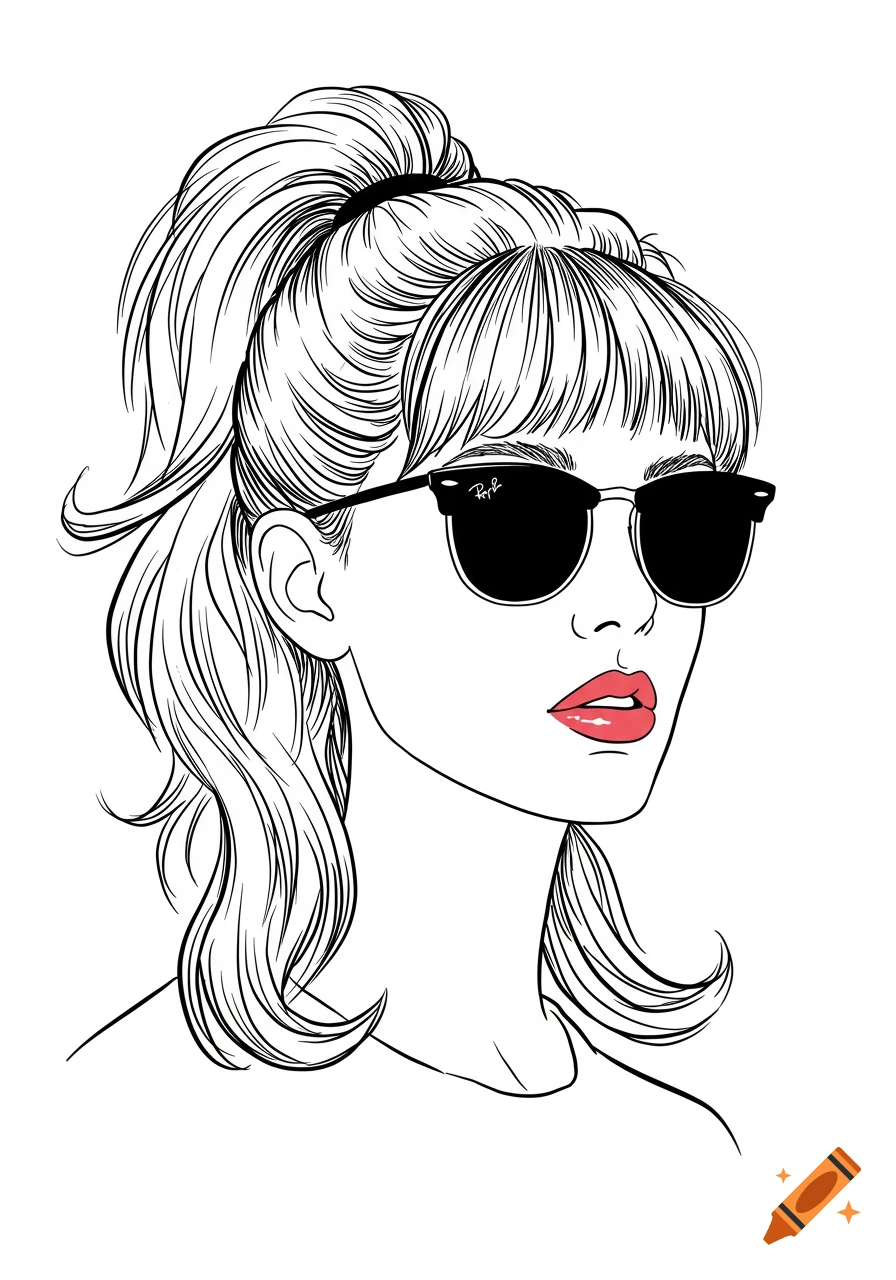 Line art illustration of a woman with a high ponytail, wearing black Ray-Ban sunglasses and red lipstick, looking to the right.
