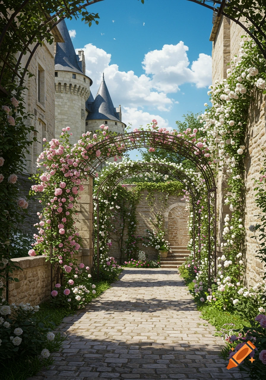 A picturesque photorealistic view of a French stone castle courtyard with archways covered in pink and white climbing roses.