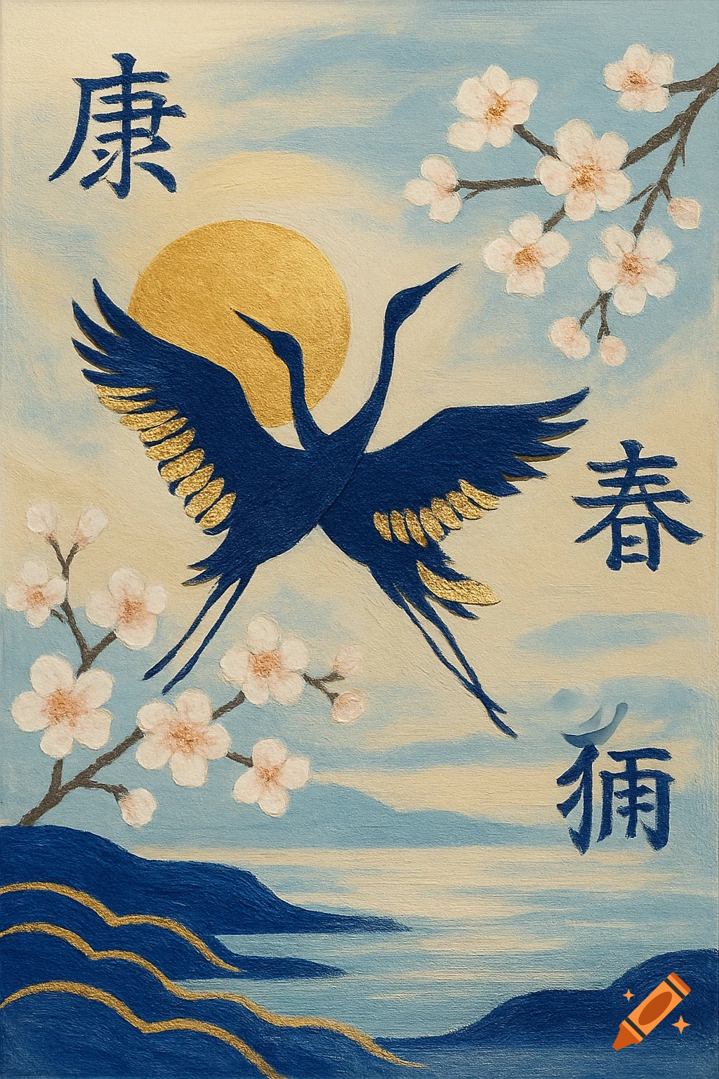 Acrylic painting in Japanese style depicting two blue and gold cranes flying in front of a golden sun, with cherry blossoms and mountains. Japanese characters are visible.