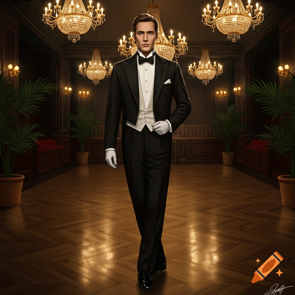 A photorealistic image of a man in a black tuxedo and white gloves standing in a grand hall with chandeliers.