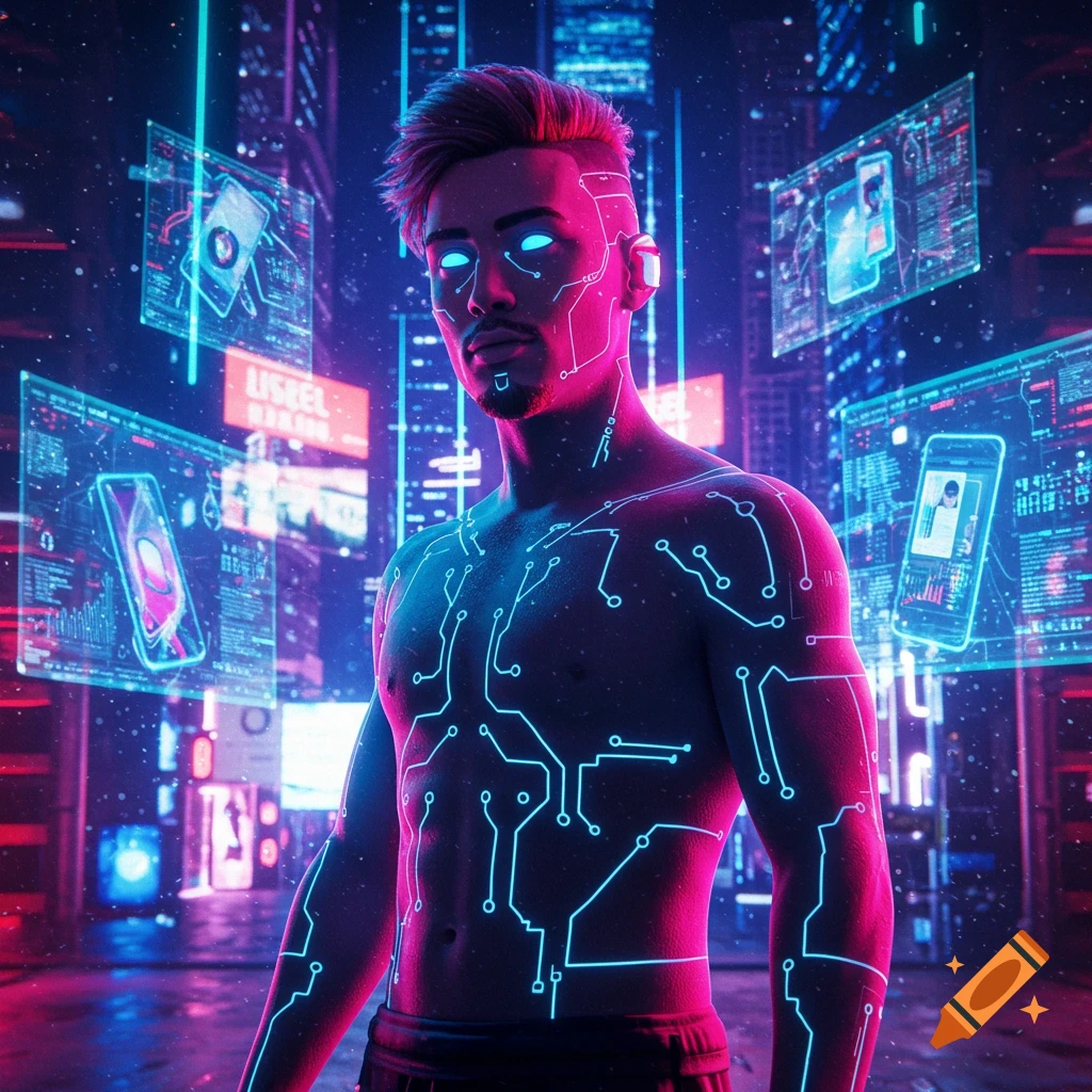 A shirtless man with glowing blue circuit lines on his body and eyes stands in a neon-lit cyberpunk city with holographic screens.