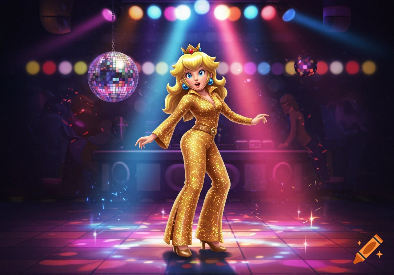Princess Peach dances in a sparkly gold disco jumpsuit under colorful lights and disco balls in a club.
