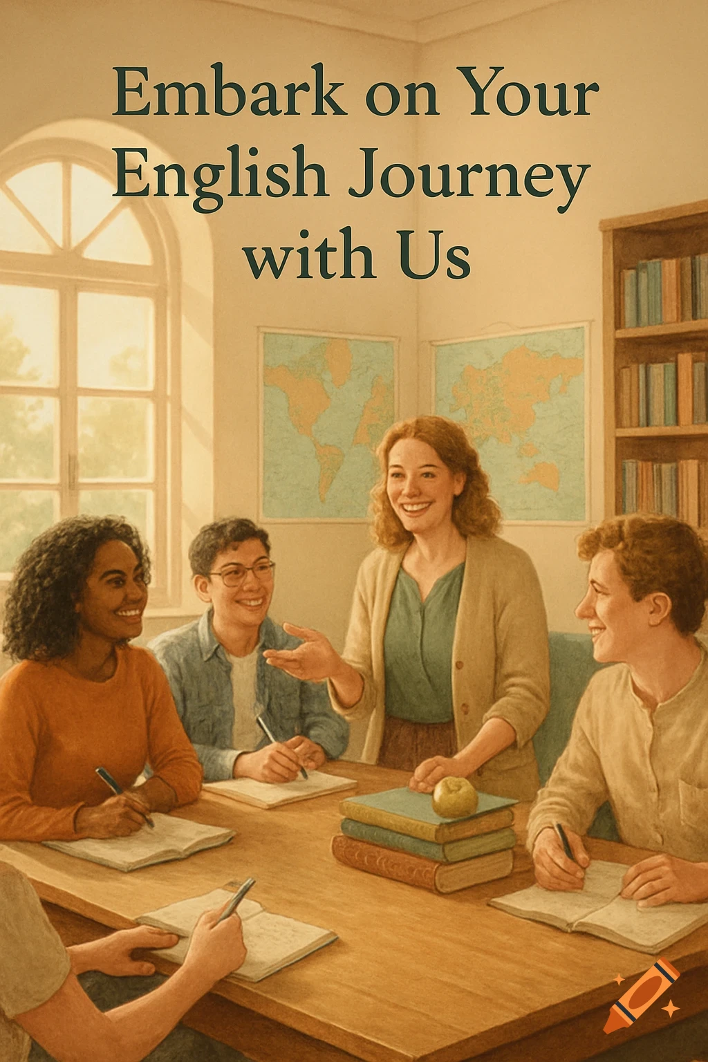 An illustration of a diverse group of students learning English with their teacher in a classroom. Text reads: Embark on Your English Journey with Us.