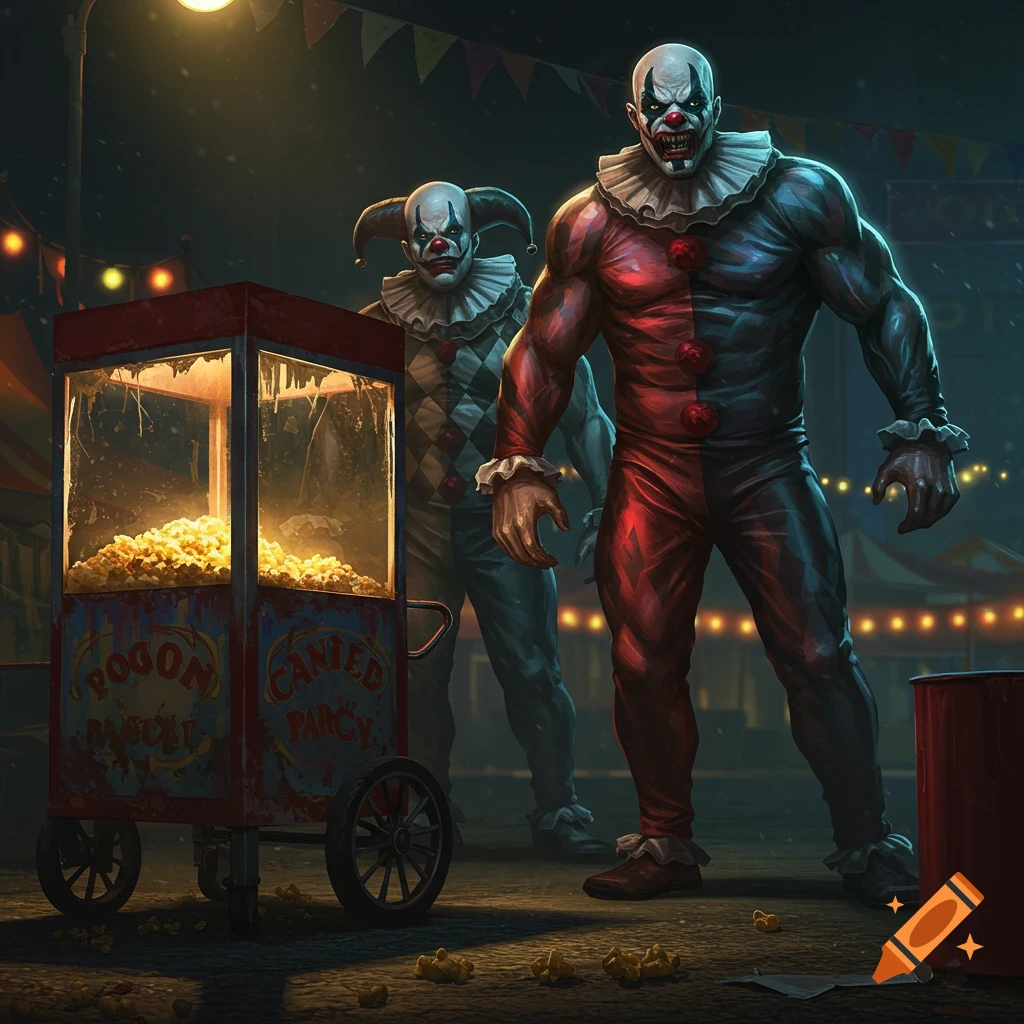 Illustration of two menacing, muscular clowns in a dark carnival setting next to a popcorn cart.