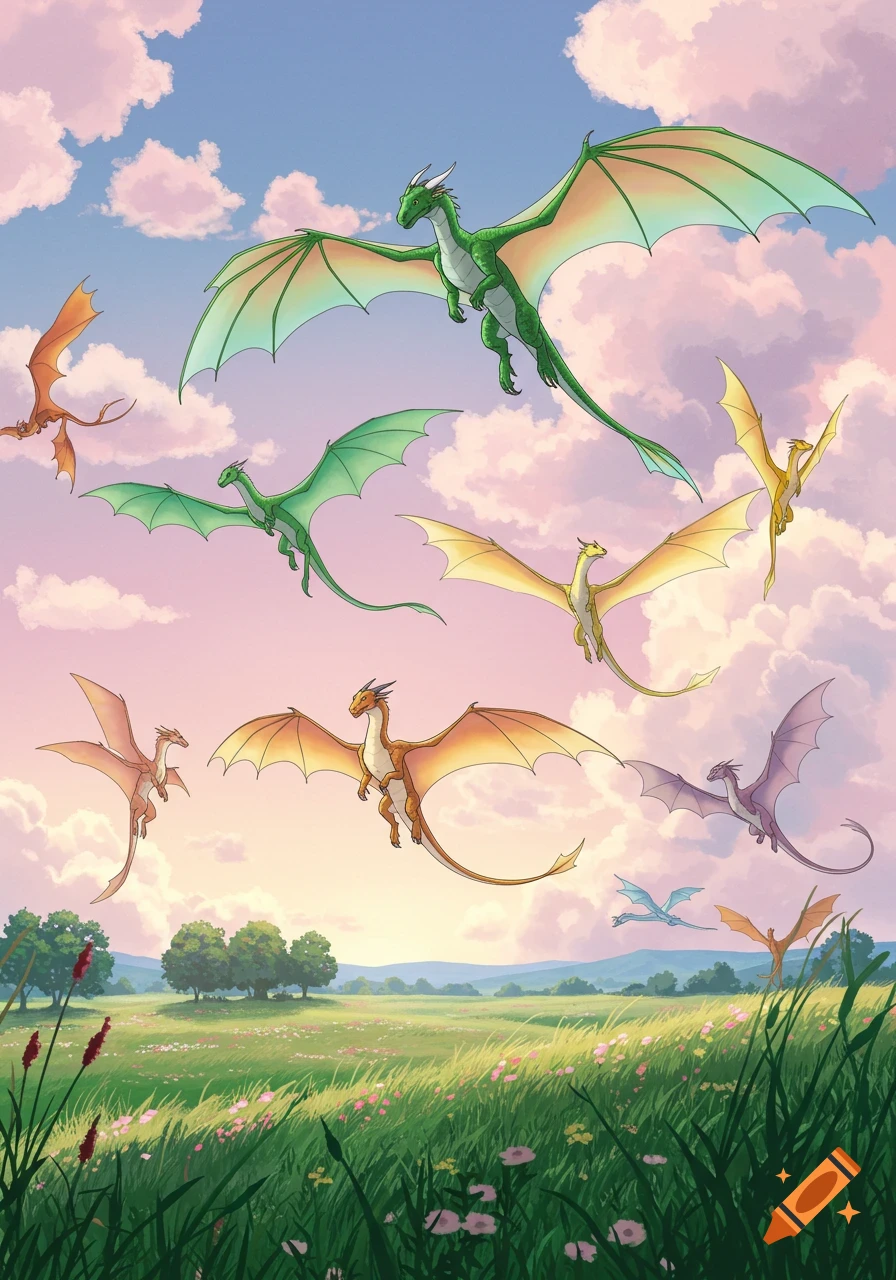 Several colorful dragons in anime style fly above a green meadow with flowers under a pink and blue sky.