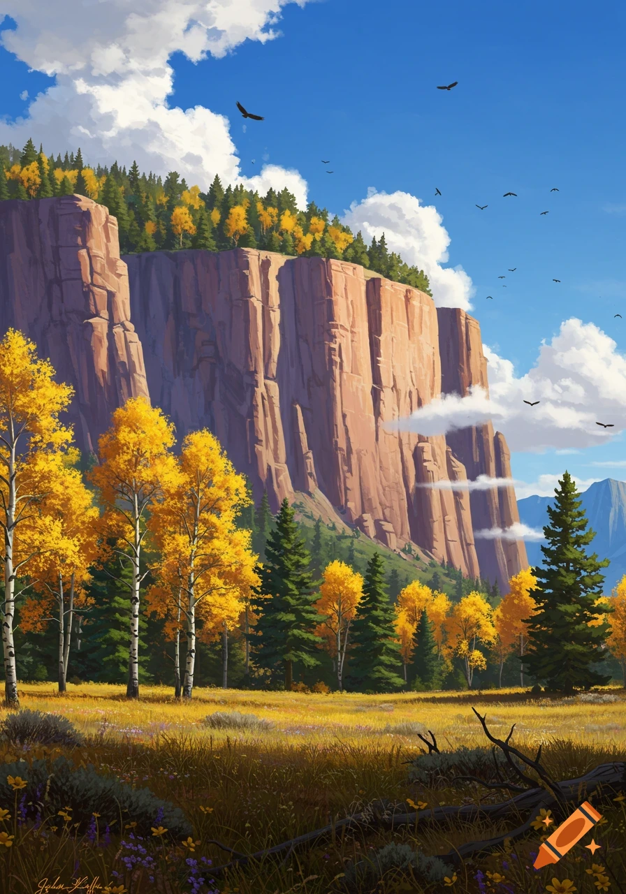 Vibrant autumn landscape painting with a tall red mountain mesa, golden birch trees, green pines, a grassy field, and birds in a blue sky.