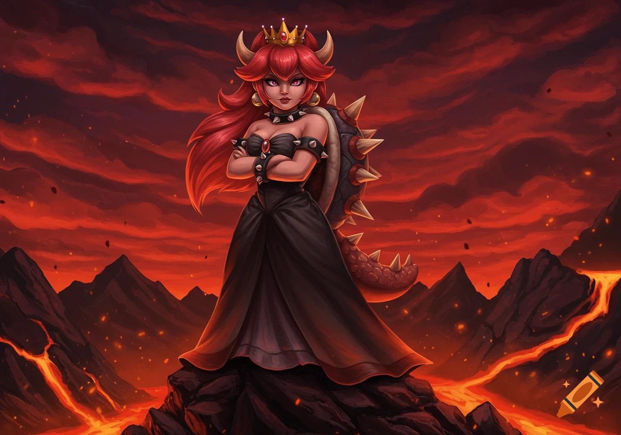 Bowsette, a dark fantasy illustration of the character in a black dress and Bowser shell, standing in a volcanic landscape.