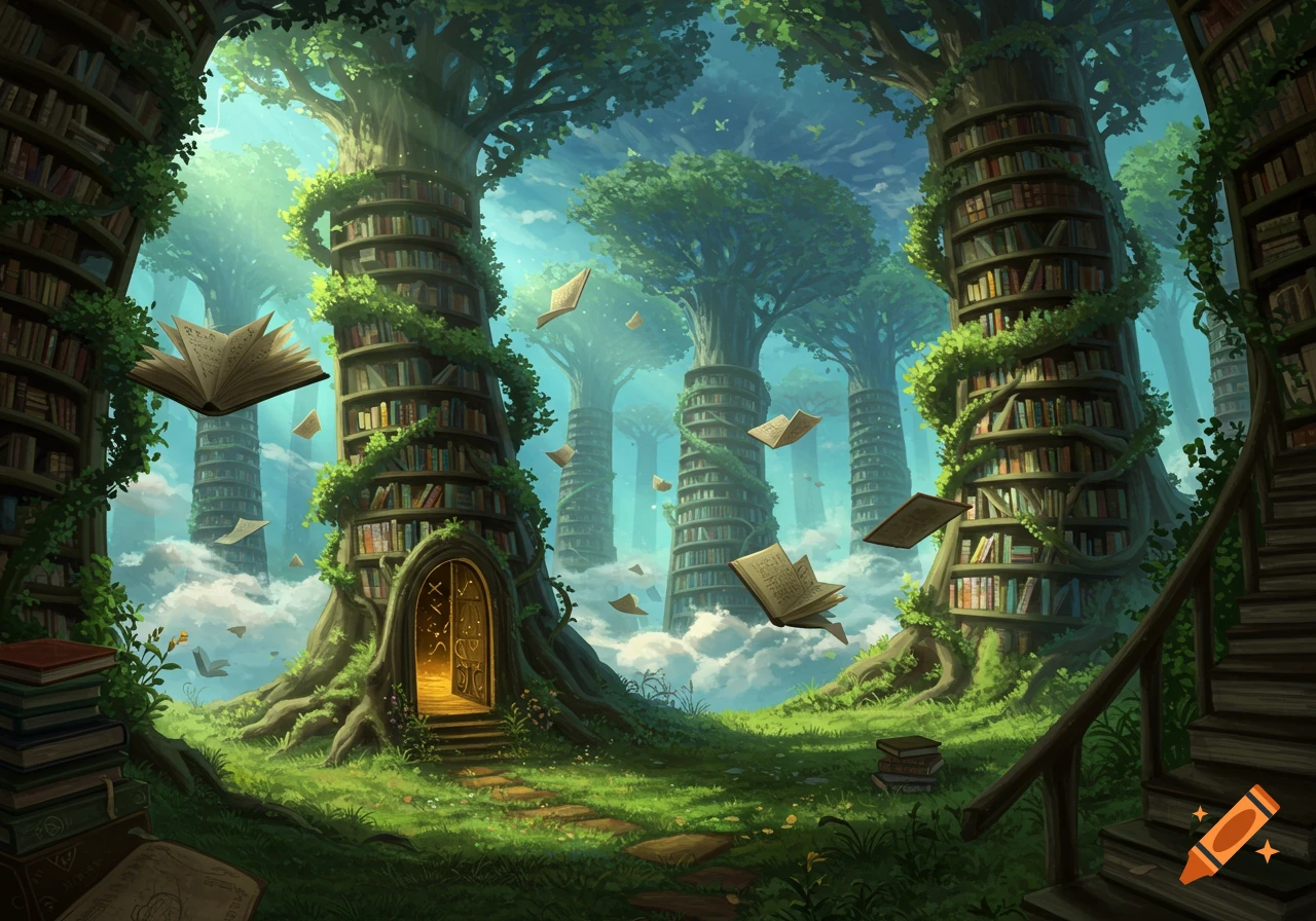 A whimsical fantasy forest with giant trees that are also bookshelves, covered in vines. Books float through the air above a path leading to a glowing door in a tree trunk.