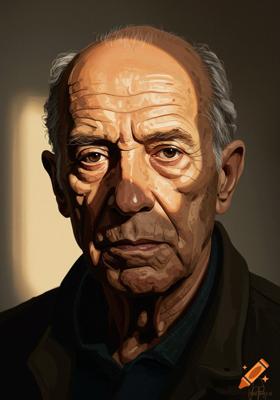 Stylized portrait of an older man with wrinkles and gray hair, illuminated by strong side lighting.