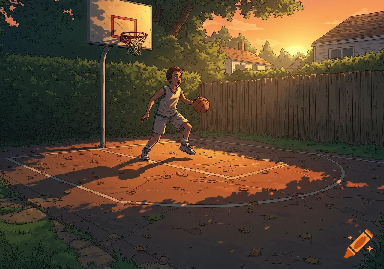 A young boy dribbles a basketball on a backyard court at sunset, in a comic book style.