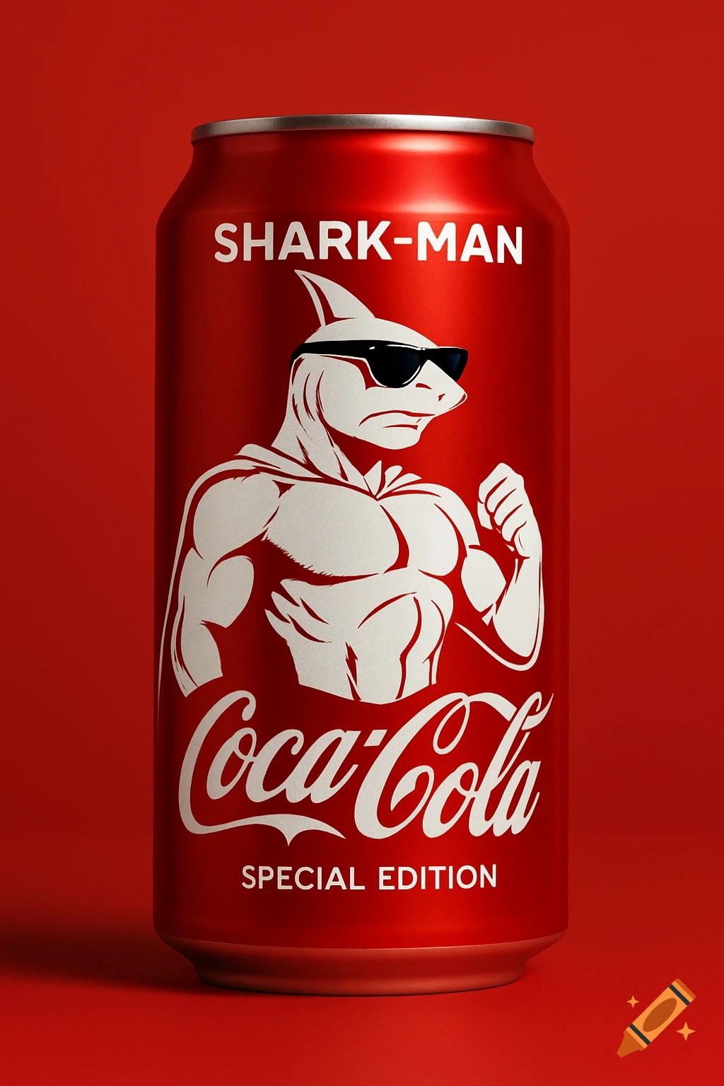 A red Coca-Cola can featuring a white illustration of a muscular shark-man in sunglasses, labeled 'SHARK-MAN SPECIAL EDITION', on a red background.