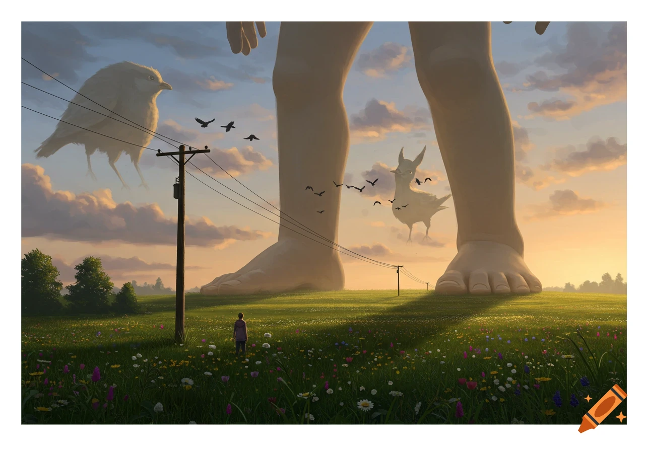 Giant human legs and surreal flying bird creatures dominate a vibrant field of wildflowers with telephone poles at sunset.