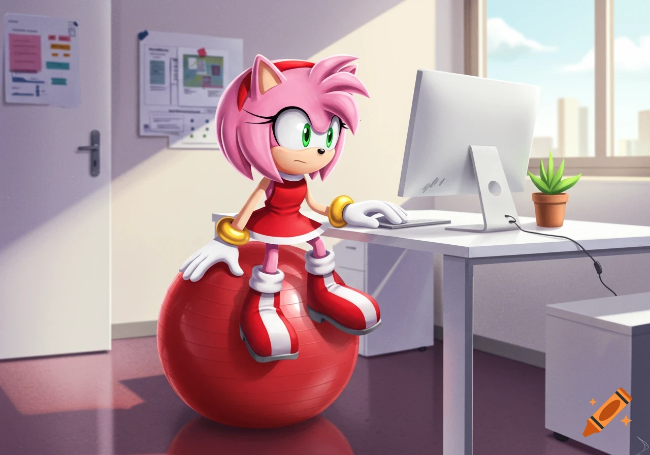 Amy Rose, a pink hedgehog cartoon character, sits on a red yoga ball at an office desk, looking at a computer.