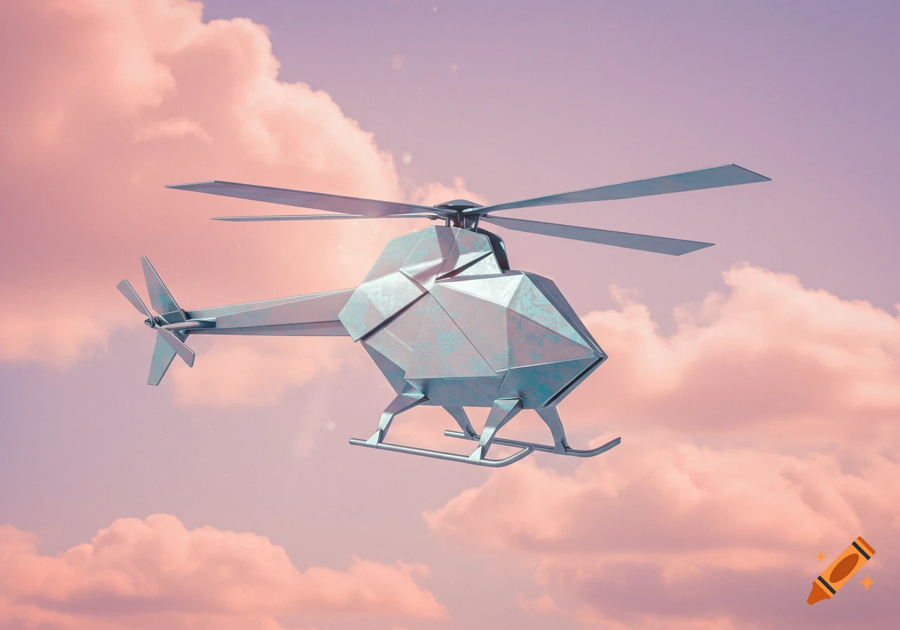 An origami-style helicopter with angular facets flies against a soft pink and purple sky with clouds.