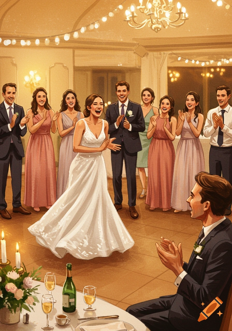 An illustration of a joyful wedding reception with guests clapping in a circle around a dancing bride, with a seated guest in the foreground.