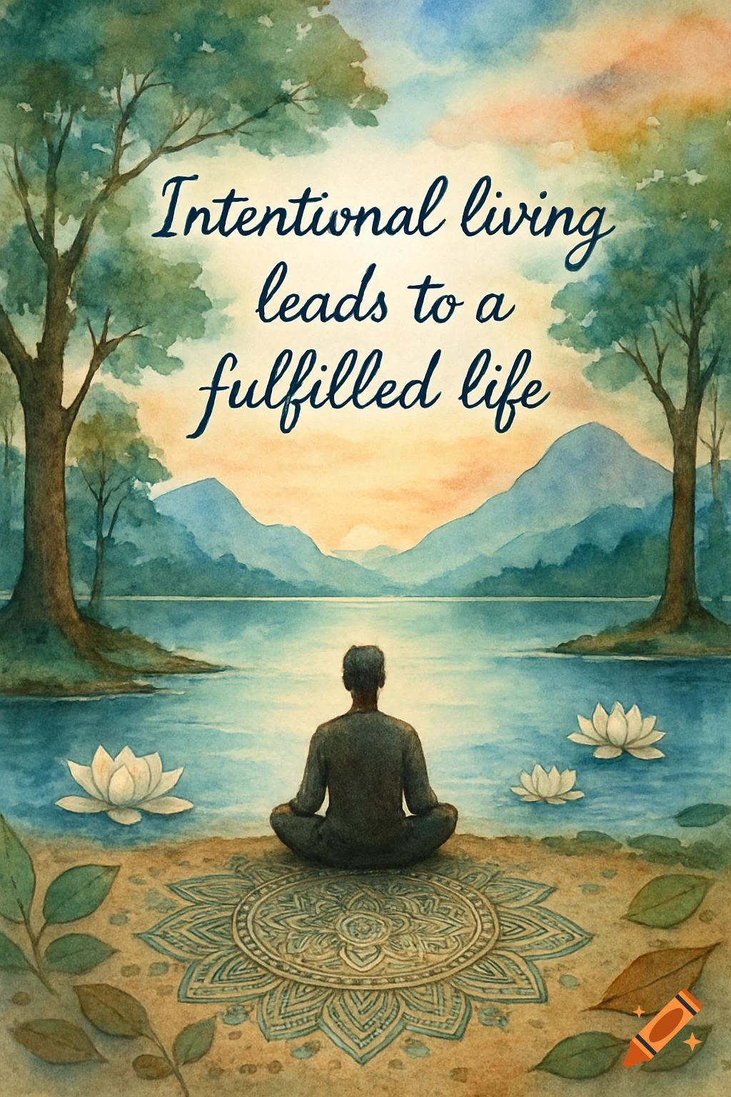 Watercolor of a person meditating by a lake with mountains, lotus flowers, and a mandala, text: 'Intentional living leads to a fulfilled life'.